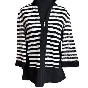 Weekends by Chico’s Women's Sz 1 US 8 M Striped Mesh Jacket Black White Academia